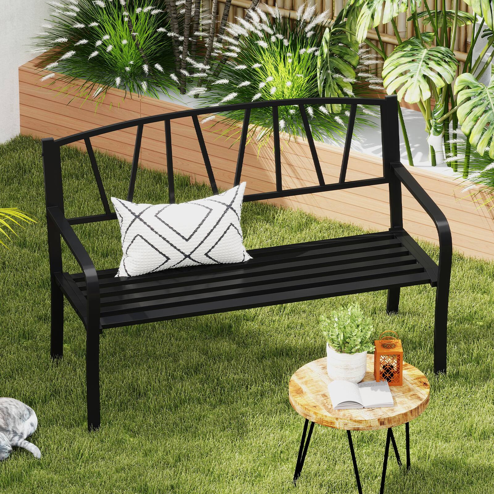 Alt View 8. Gymax - Gymax 50.5'' Patio Metal Bench w/ Curved Armrests & Minimalist Backrest for Backyard - Black.