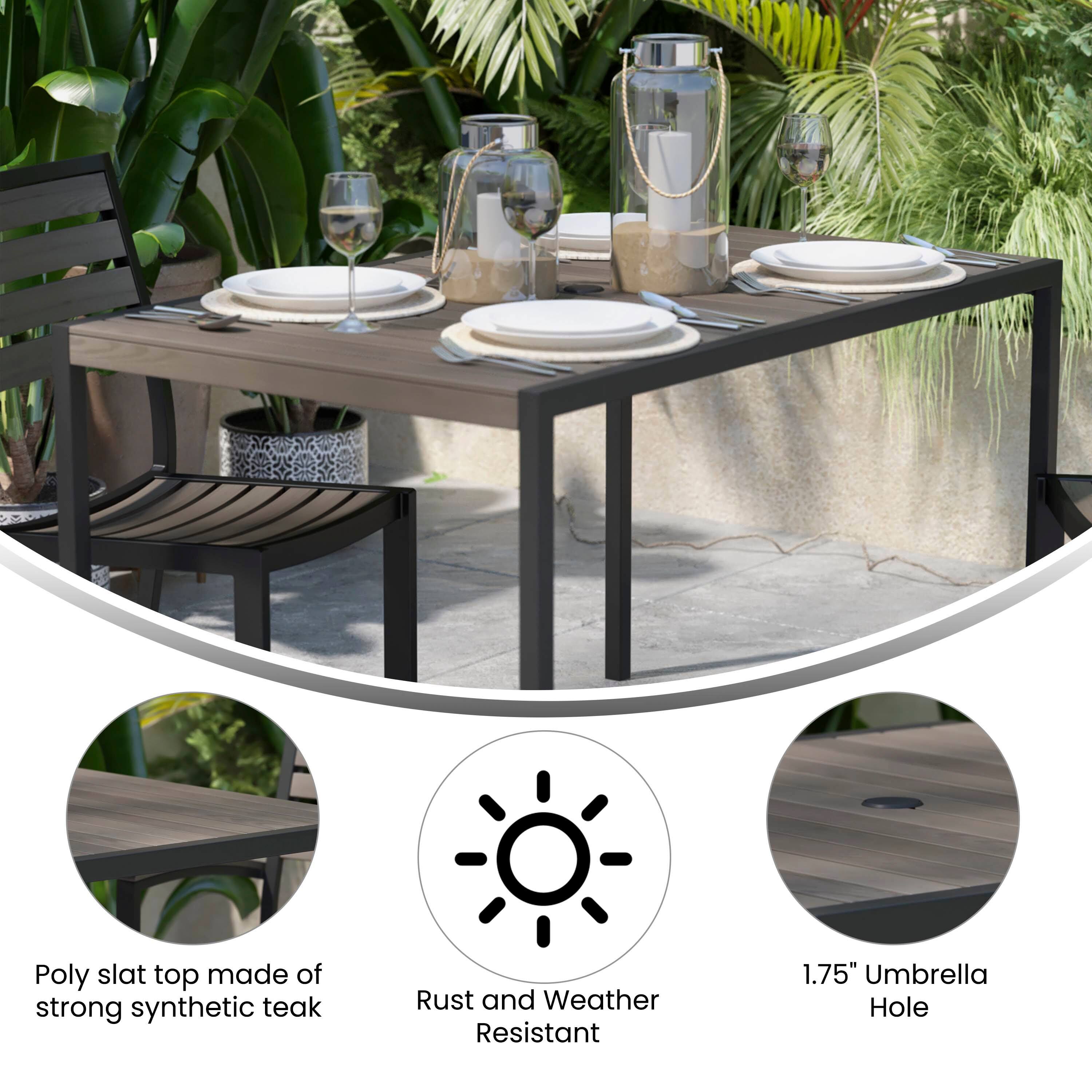 Poly slat top made of strong synthetic teak  
Rust and Weather Resistant  
1.75" Umbrella Hole