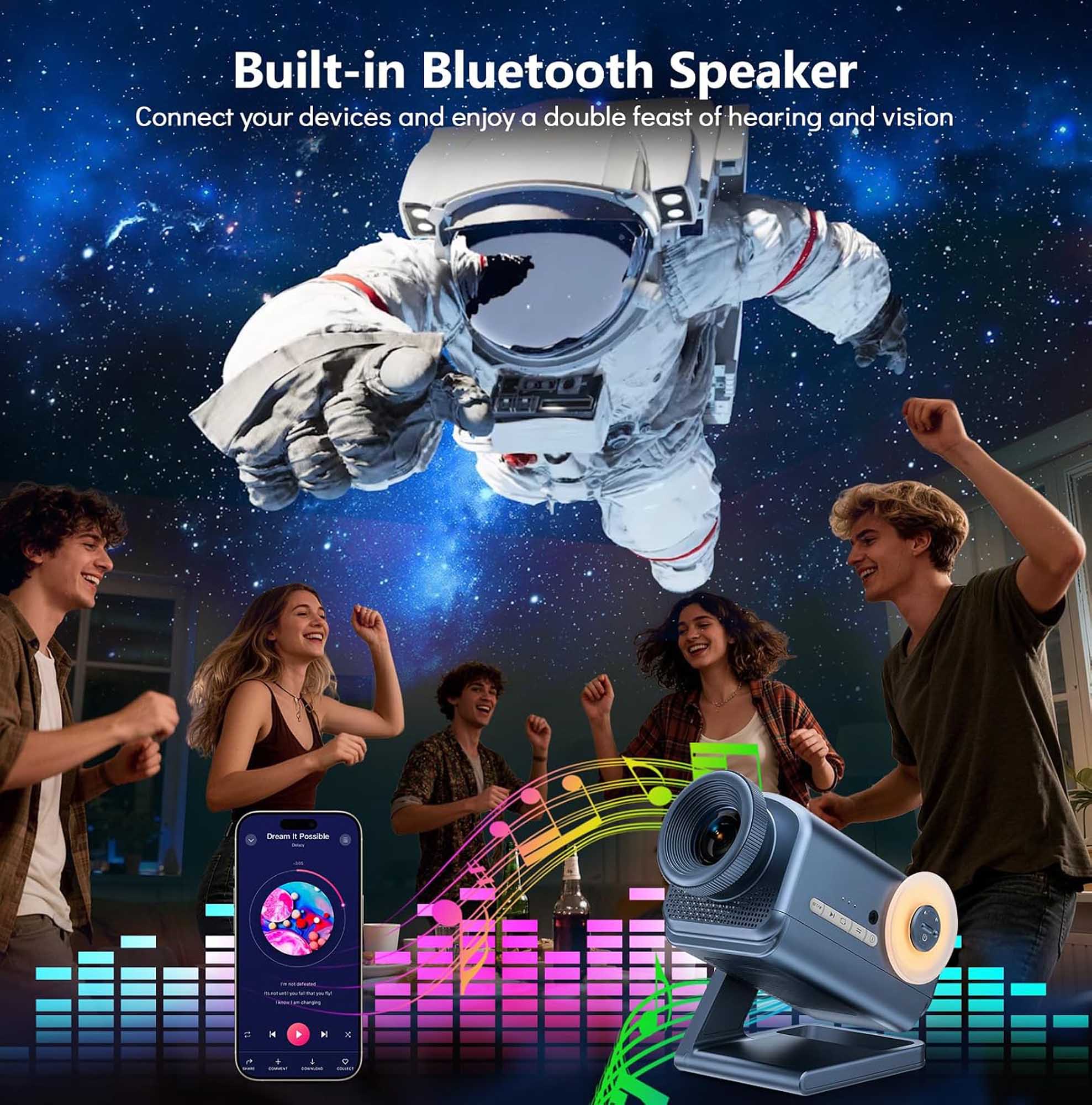 Built-in Bluetooth Speaker  
Connect your devices and enjoy a double feast of hearing and vision  

Dream : Possible May  
RETURAL  

- - - - - pew.fr  
LENE  
to  
K  
f  
H  
C  
. -  
+ -  
4 COMMINO  
COMMET