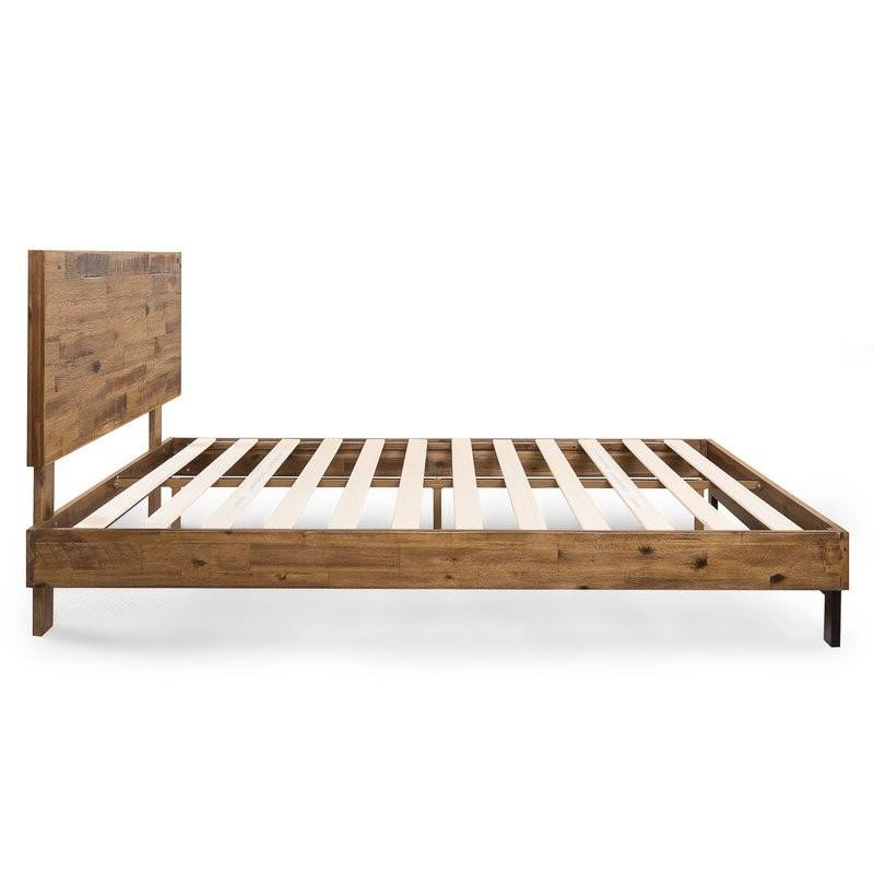 Left. SlickBlue - Queen Size Farmhouse Low Profile Pine Slatted Platform Bed - Rustic Brown.