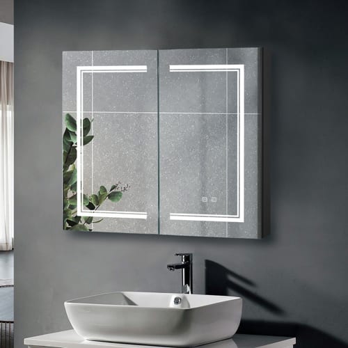 Winado - 32" x 28" Wall-mounted Bathroom Makeup Cabinet with 3 Color LED Lighted Mirror & Charging Station Anti-Fog Touch Sensor - White