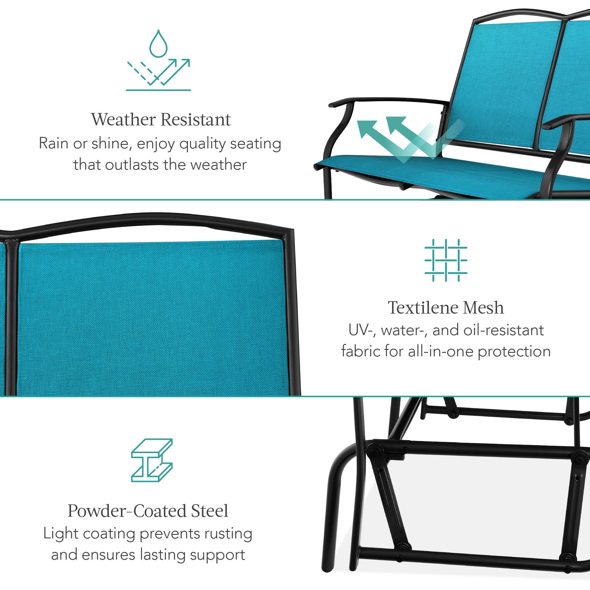 Weather Resistant  
Rain or shine, enjoy quality seating that outlasts the weather  

Textilene Mesh  
UV-, water-, and oil-resistant fabric for all-in-one protection  

Powder-Coated Steel  
Light coating prevents rusting and ensures lasting support