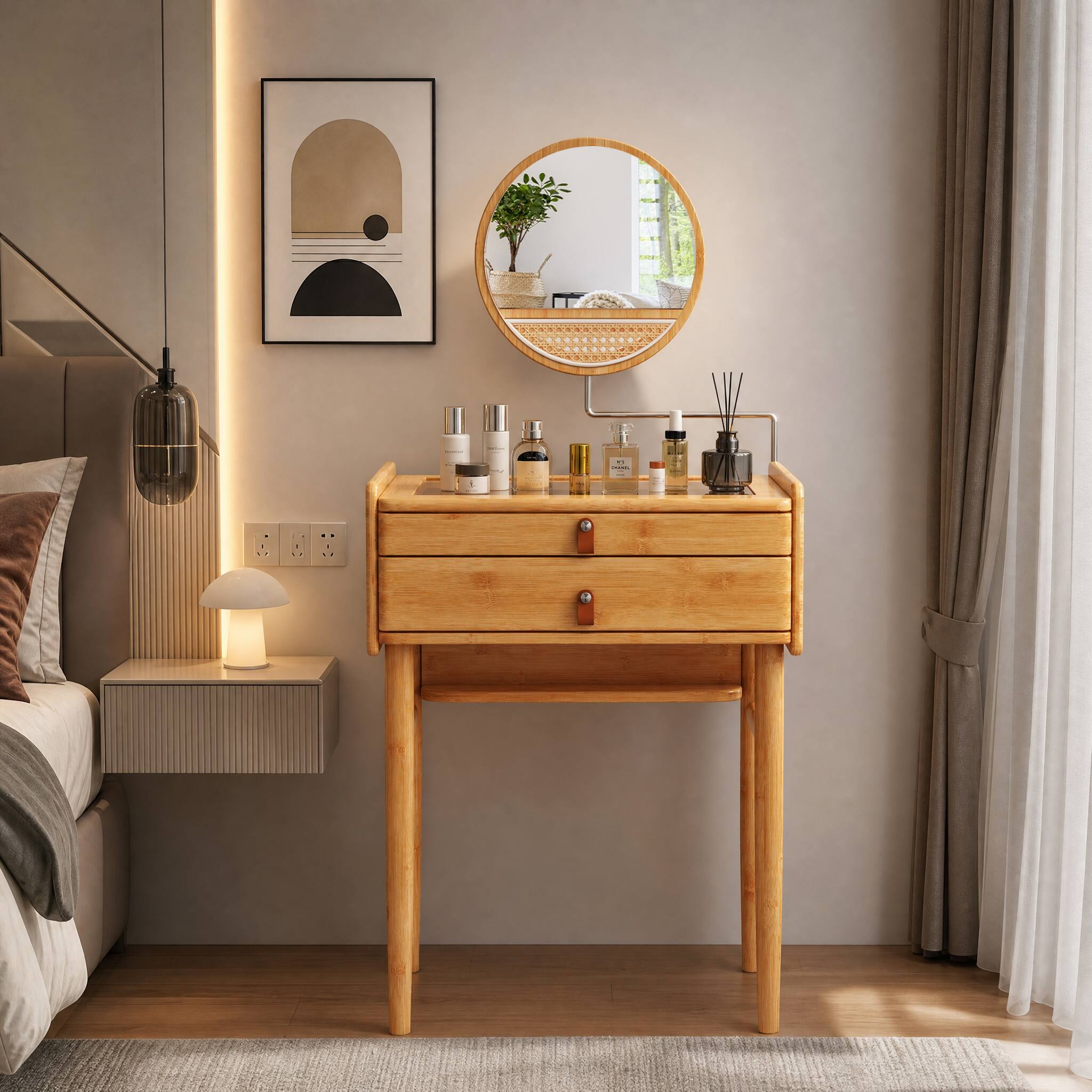 Front. WELLFOR - Bamboo Makeup Vanity Table with Angle‑Adjustable Round Mirror, Tempered Glass Tabletop, 2 Drawers - Natural.