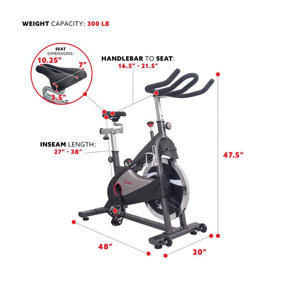 WEIGHT CAPACITY: 300 LB  
SEAT DIMENSIONS: 10.25"  
HANDLEBAR TO SEAT: 7"  
16.5" - 21.5"  
INSEAM LENGTH: 27" - 38"  
47.5"  
48"  
20"