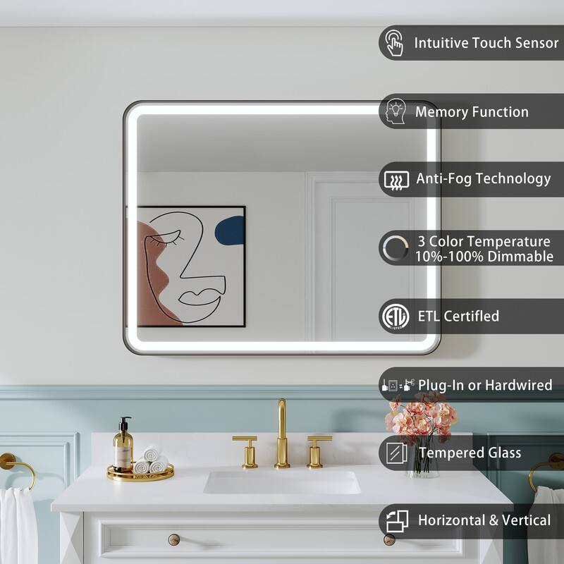Intuitive Touch Sensor  
Memory Function  
Anti-Fog Technology  
3 Color Temperature 10%-100% Dimmable  
ETL Certified  
Plug-In or Hardwired  
Tempered Glass  
Horizontal & Vertical