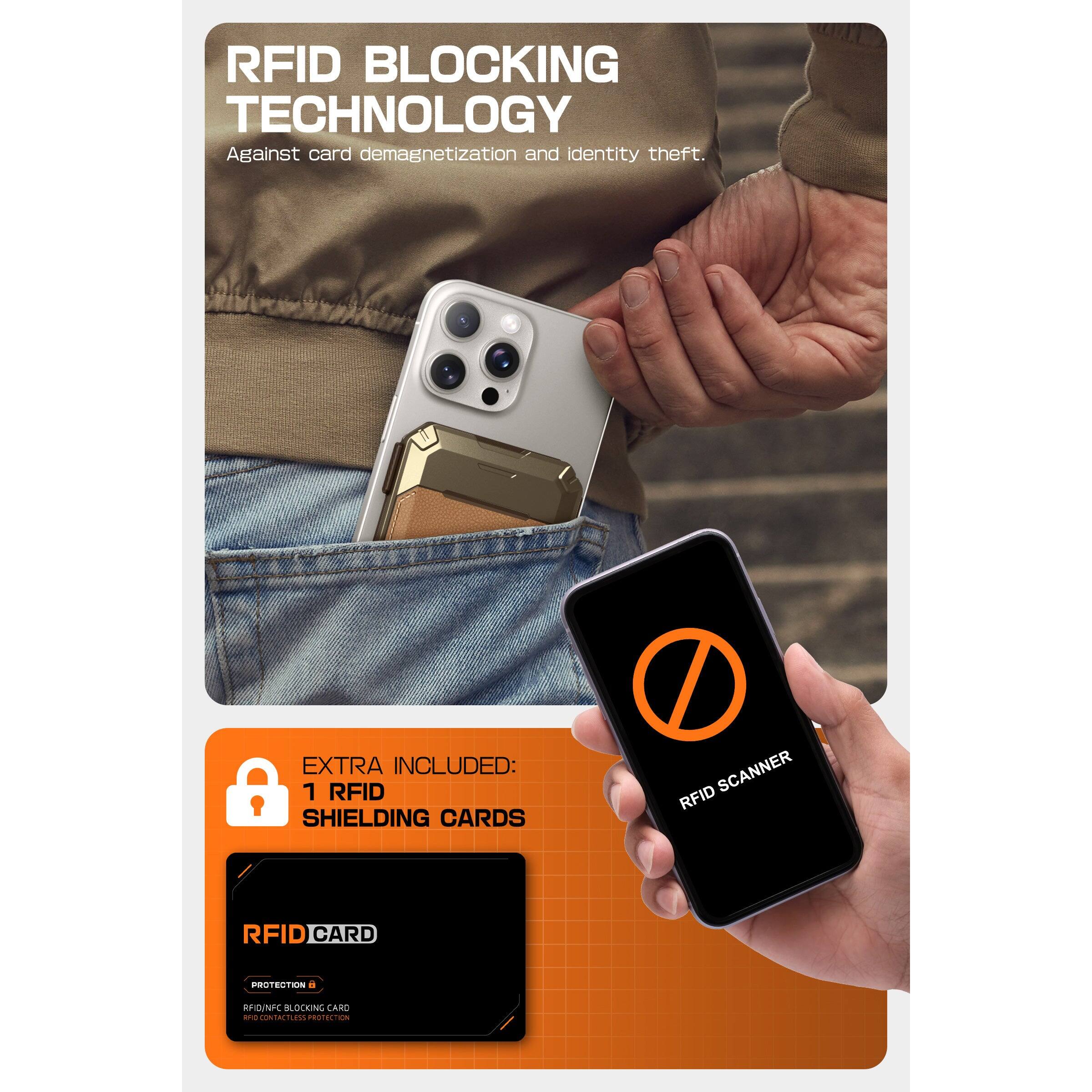 RFID BLOCKING TECHNOLOGY  
Against card demagnetization and identity theft.

EXTRA INCLUDED:  
1 RFID SHIELDING CARDS

RFID CARD  
PROTECTION  
RFID/NFC BLOCKING CARD