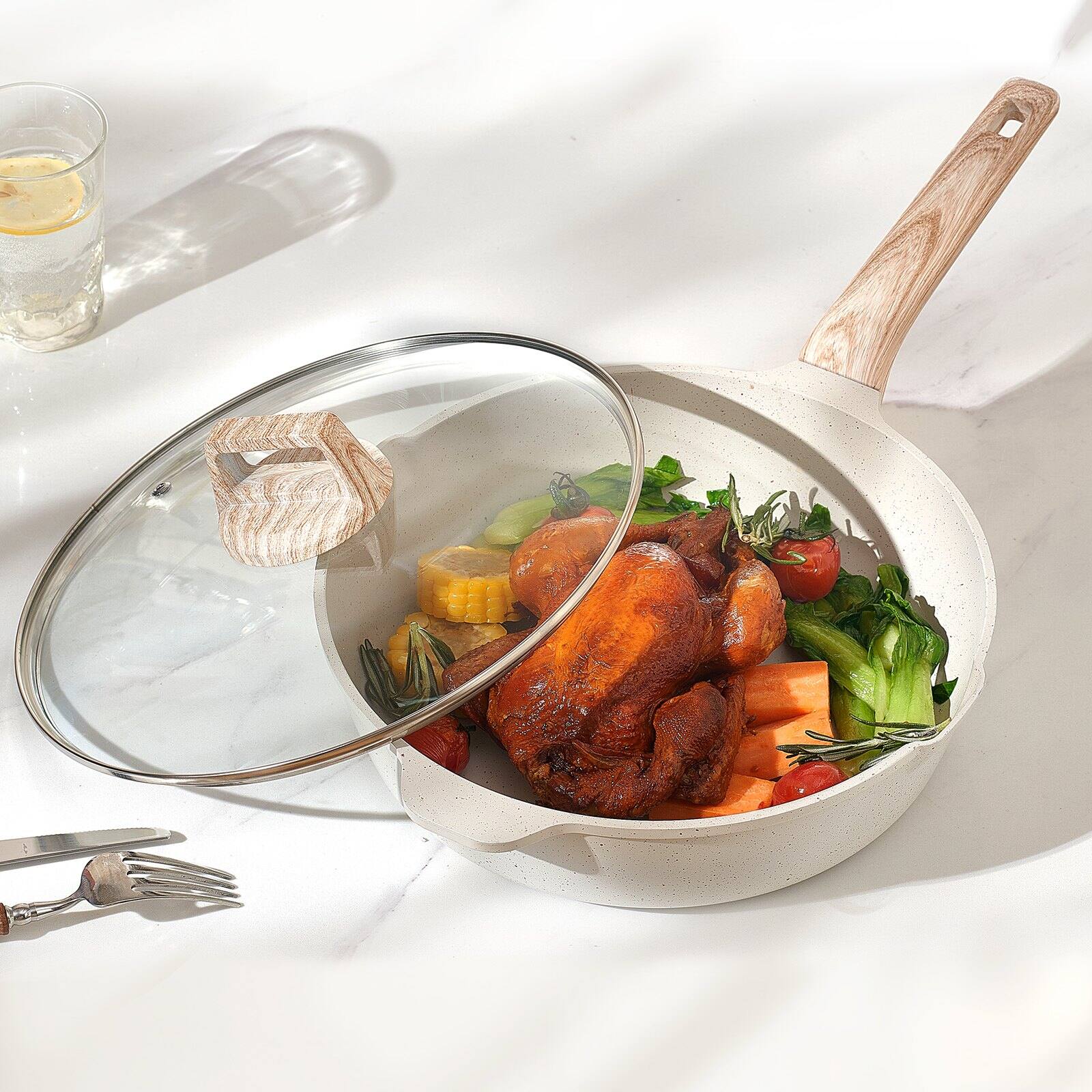 Alt View 1. Glintex - 17 Piece Pots and Pans Set, Nonstick Induction Cookware with Tempered Glass Lids and Pan Protectors - White.