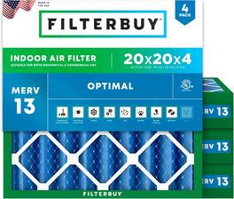 Filterbuy - 20x20x4 MERV 13 Smoke & Allergy Defense, Electrostatic Pleated HVAC AC Furnace Air Filters Replacement (4-Pack) - Blue