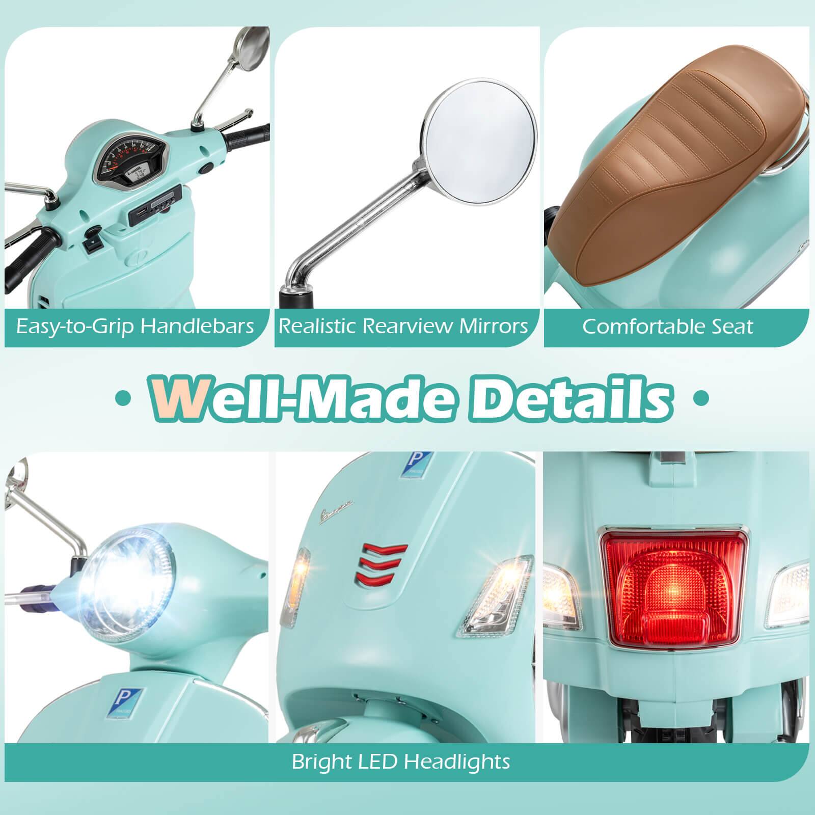 Easy-to-Grip Handlebars  
Realistic Rearview Mirrors  
Comfortable Seat  

Well-Made Details  

Bright LED Headlights