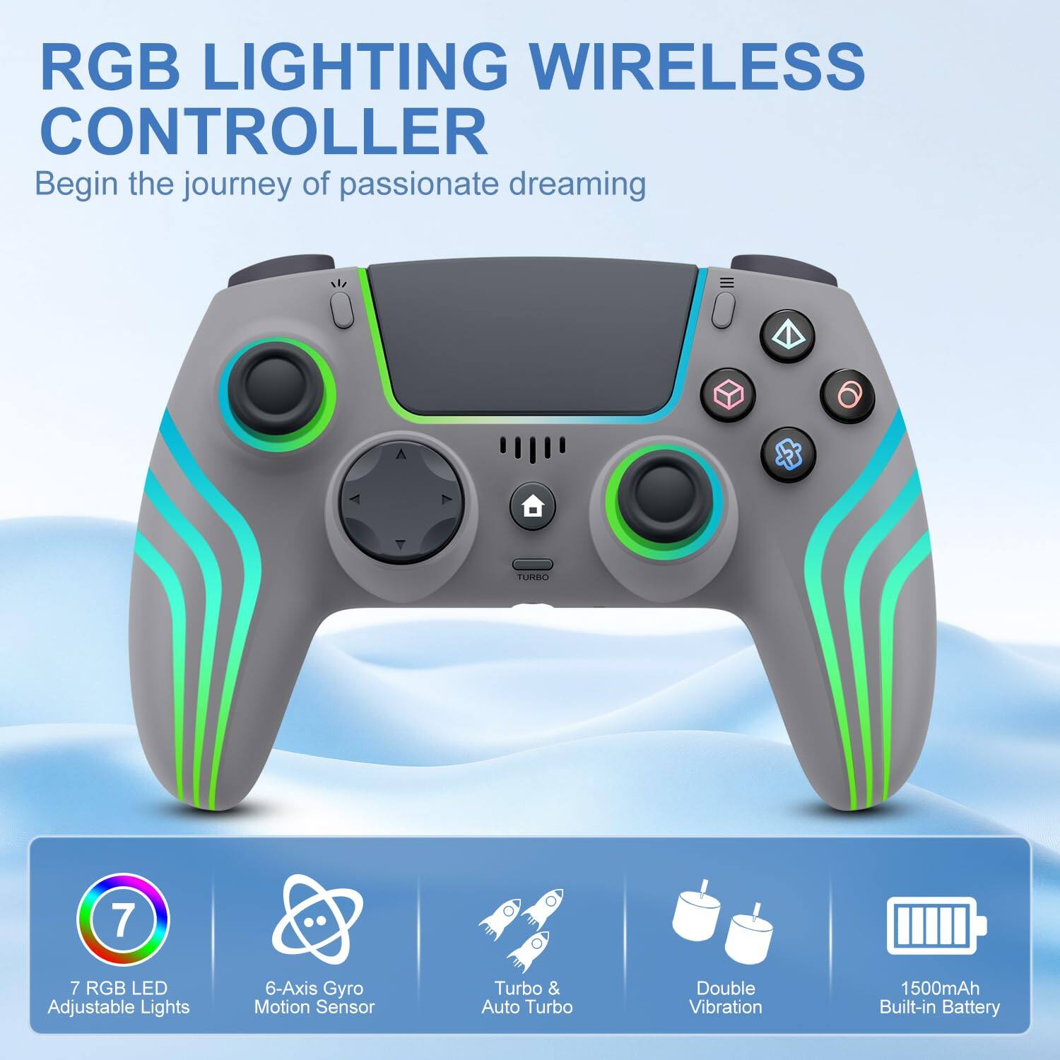 RGB LIGHTING WIRELESS CONTROLLER  
Begin the journey of passionate dreaming  

7 RGB LED Adjustable Lights  
6-Axis Gyro Motion Sensor  
Turbo & Auto Turbo  
Double Vibration  
1500mAh Built-in Battery