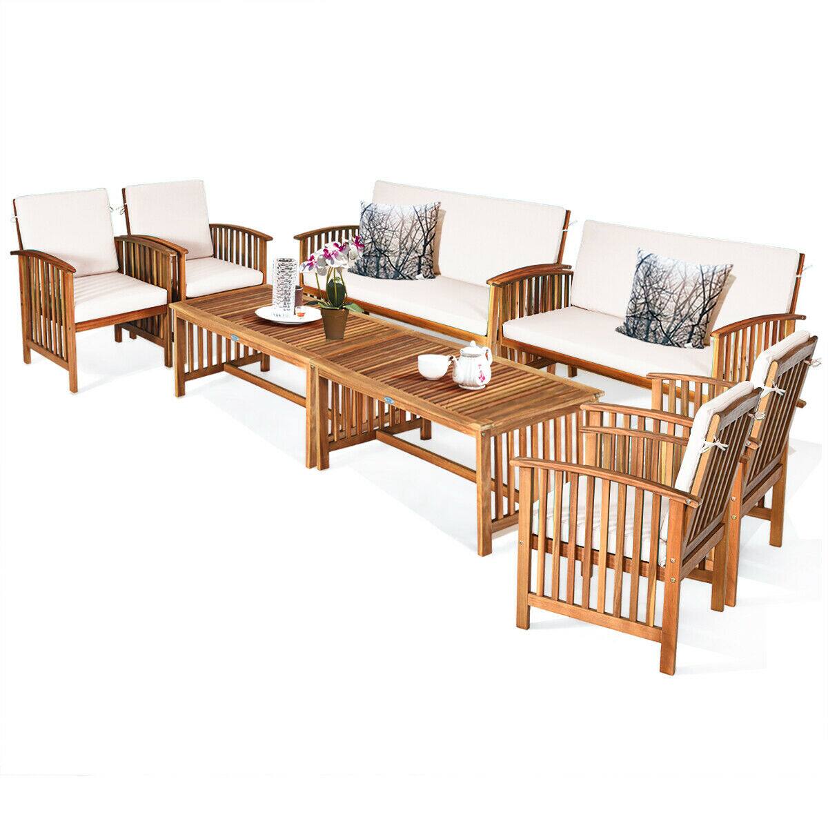 Alt View 1. Gymax - Gymax 8PCS Wooden Patio Conversation Set Outdoor Furniture Set w/ Cushions White - White.