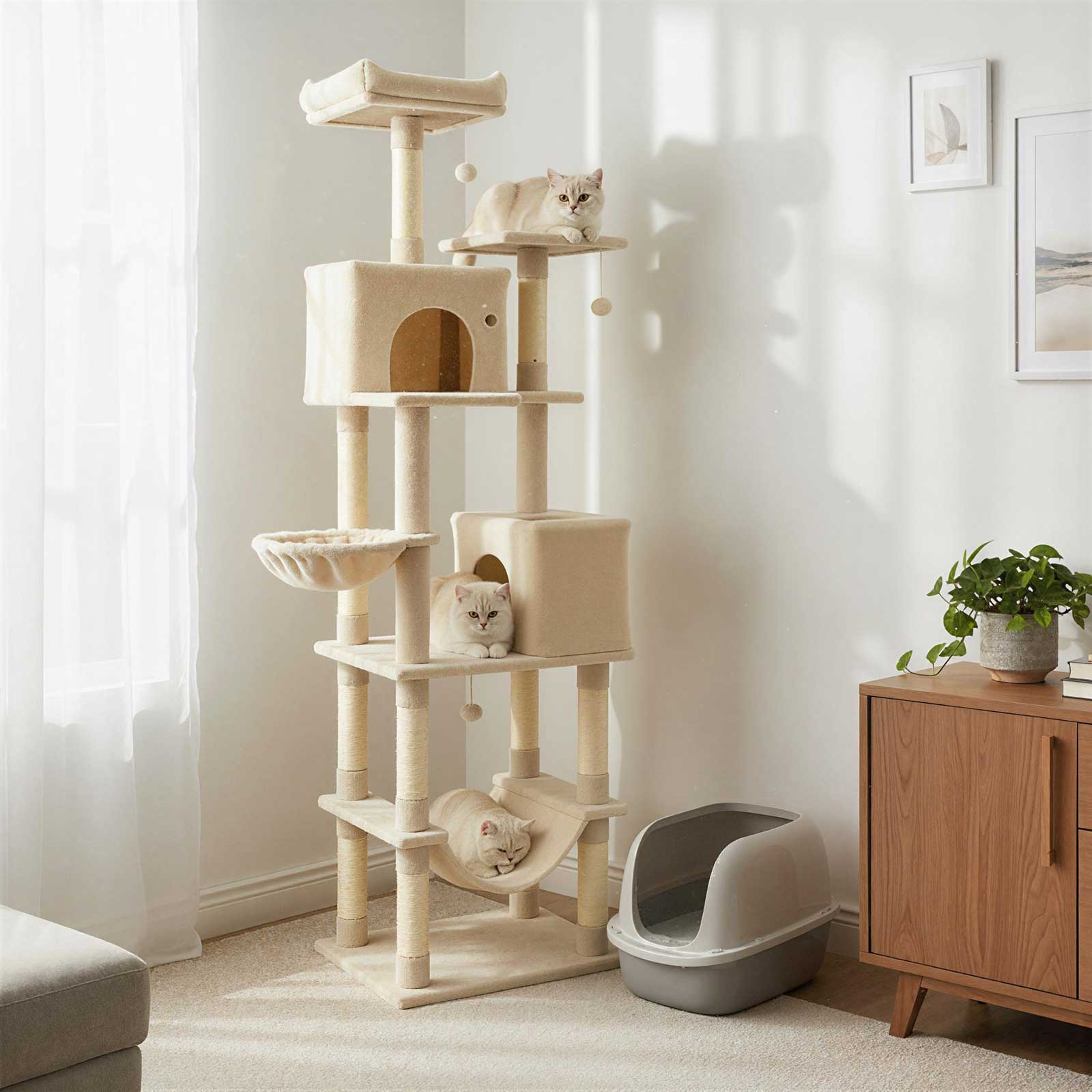 Alt View 3. Gymax - Gymax 80'' Tall Cat Tree w/2 Condos Sisal Scratching Posts Plush Perch Hammock Basket Beige.