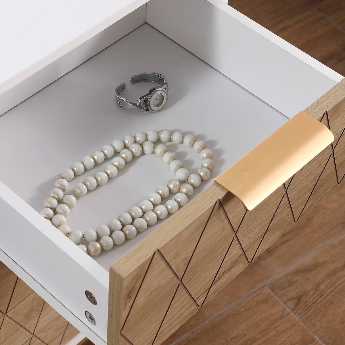 Alt View 1. Loheer - Loheer Three Drawer Nightstand, Mid Century Modern White and Natural Bedroom End Table - Natural and White.