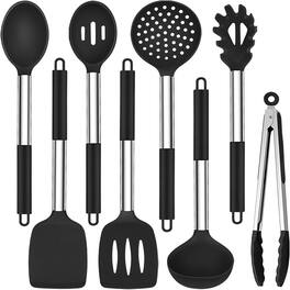 RTMB - Eight Silicone Kitchen Utensils in a Set with a Stainless Steel Handle - Black