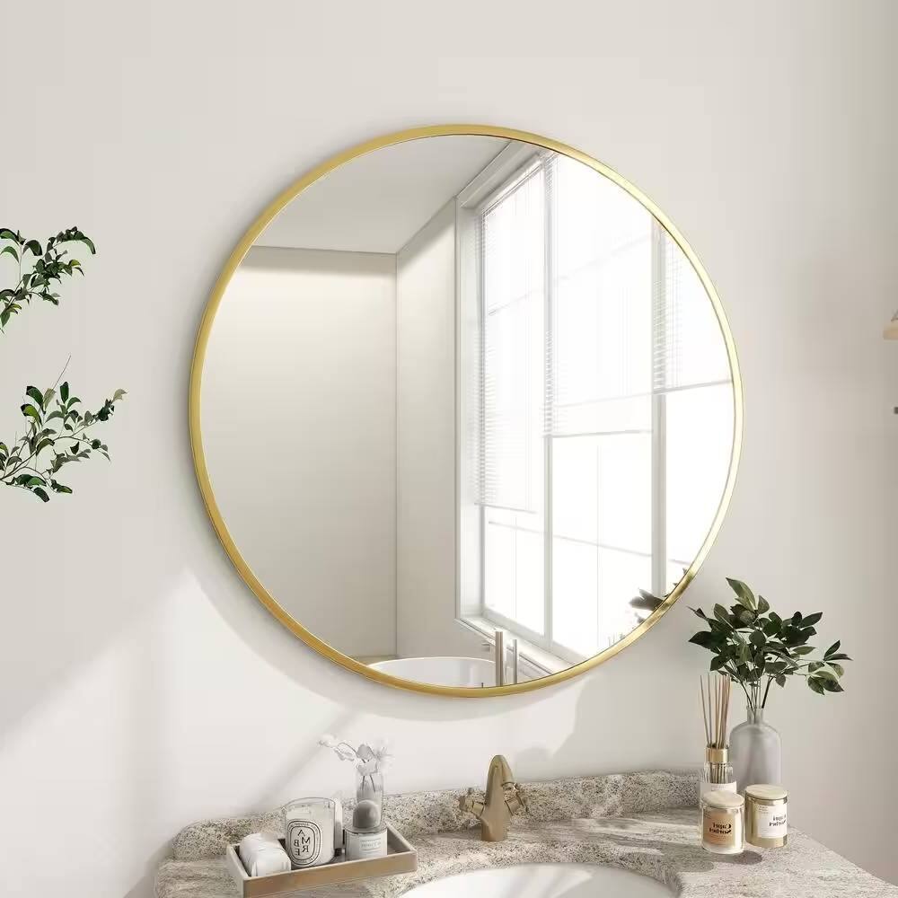 Left. Hivvago - Round 30-inch Circular Bathroom Wall Mirror with Gold Frame - Gold.