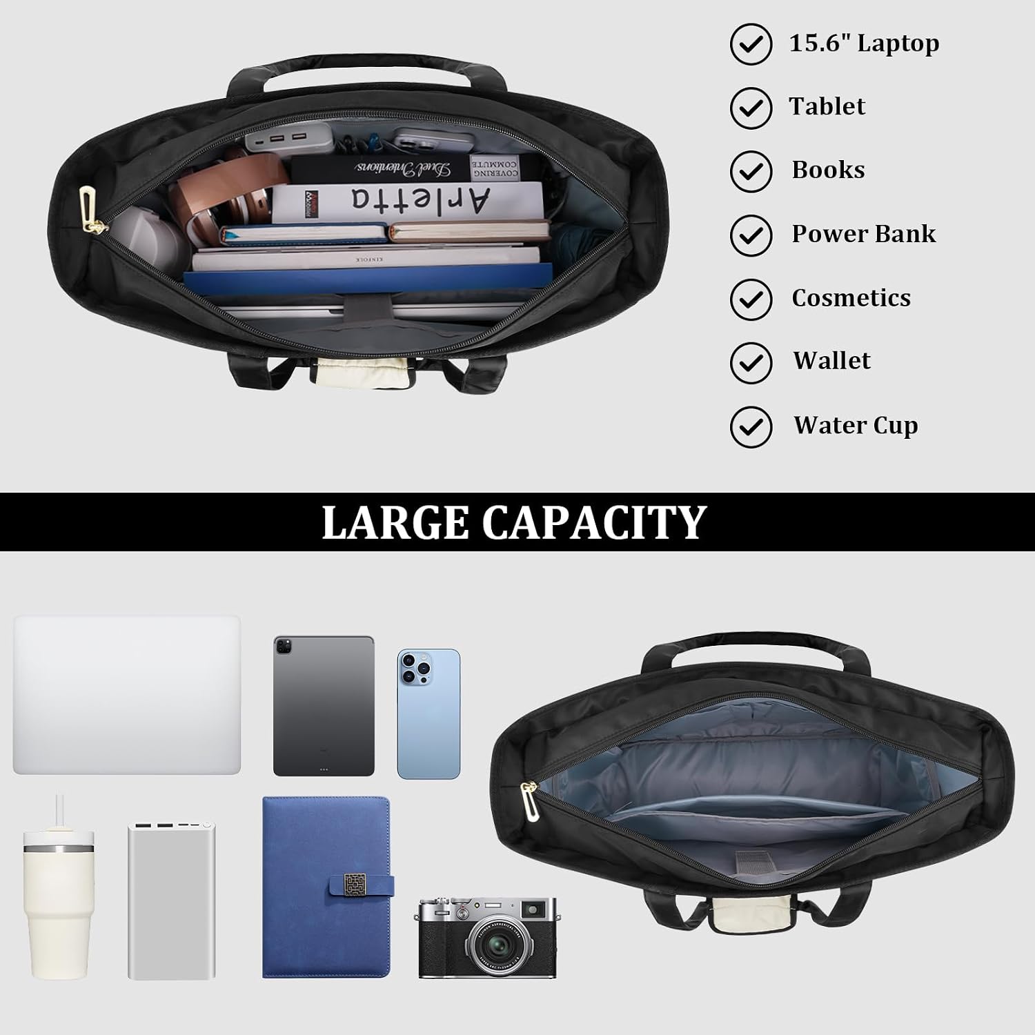 15.6" Laptop  
Tablet  
Books  
Power Bank  
Cosmetics  
Wallet  
Water Cup  

LARGE CAPACITY