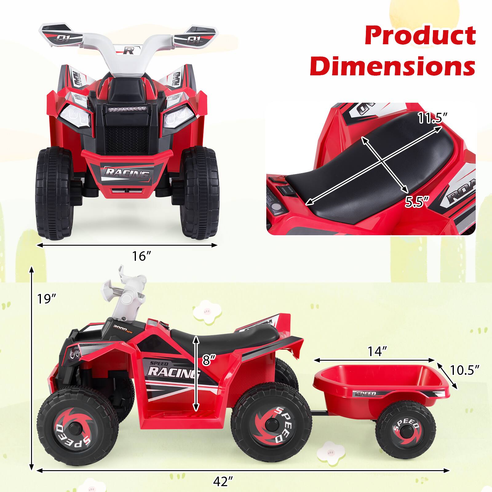 O1 M R C  
Product Dimensions  
11.5" RACING 5.5" ROA 16" 19"  
a. to ann  
8" RACIN M 14" 10.5" EE S SPEE ACEn SPEEO 42"