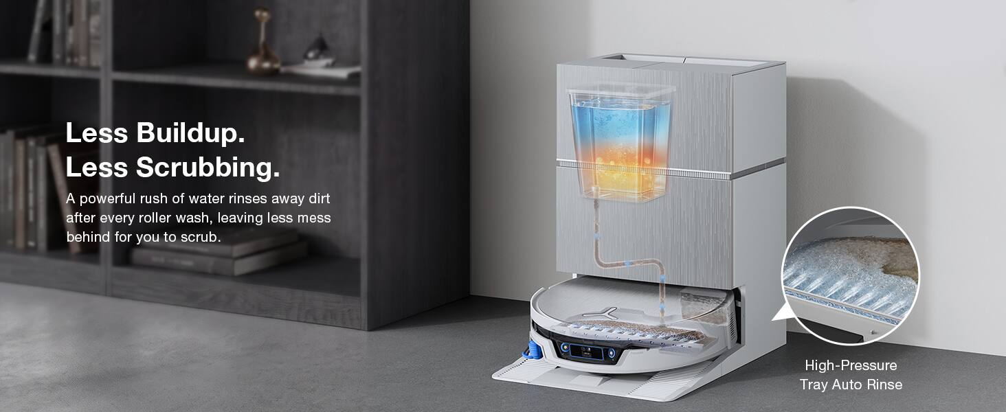 Less Buildup.  
Less Scrubbing.  
A powerful rush of water rinses away dirt after every roller wash, leaving less mess behind for you to scrub.  

High-Pressure Tray Auto Rinse