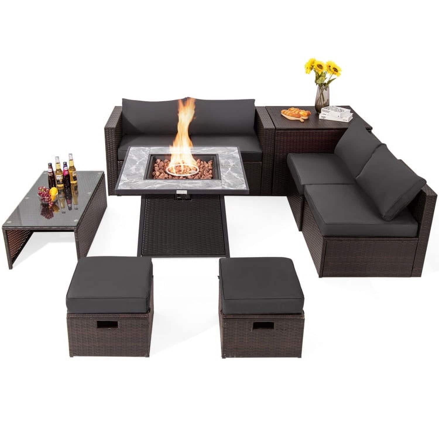 Kadyn - 9 Pcs Patio PE Wicker Sectional Set with 50000 BTU Fire Pit Table- Patio Seating Conversation - Gray