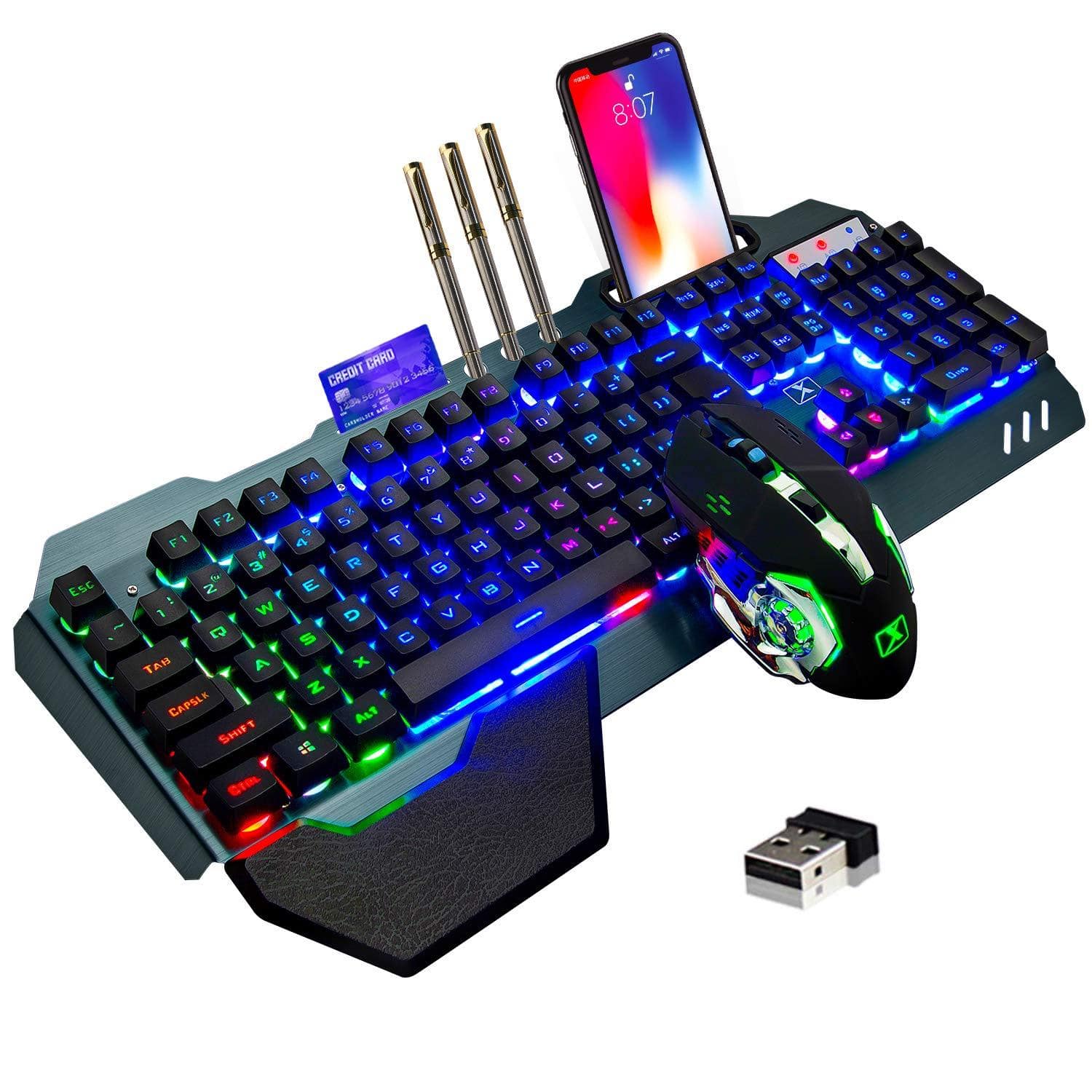Cedar Assembly - Wireless Gaming And Mouse Rgb Backlit Rechargeable With Metal Panel Removable Hand Rest Mechanical Feel - Wireless - Black Rainbow
