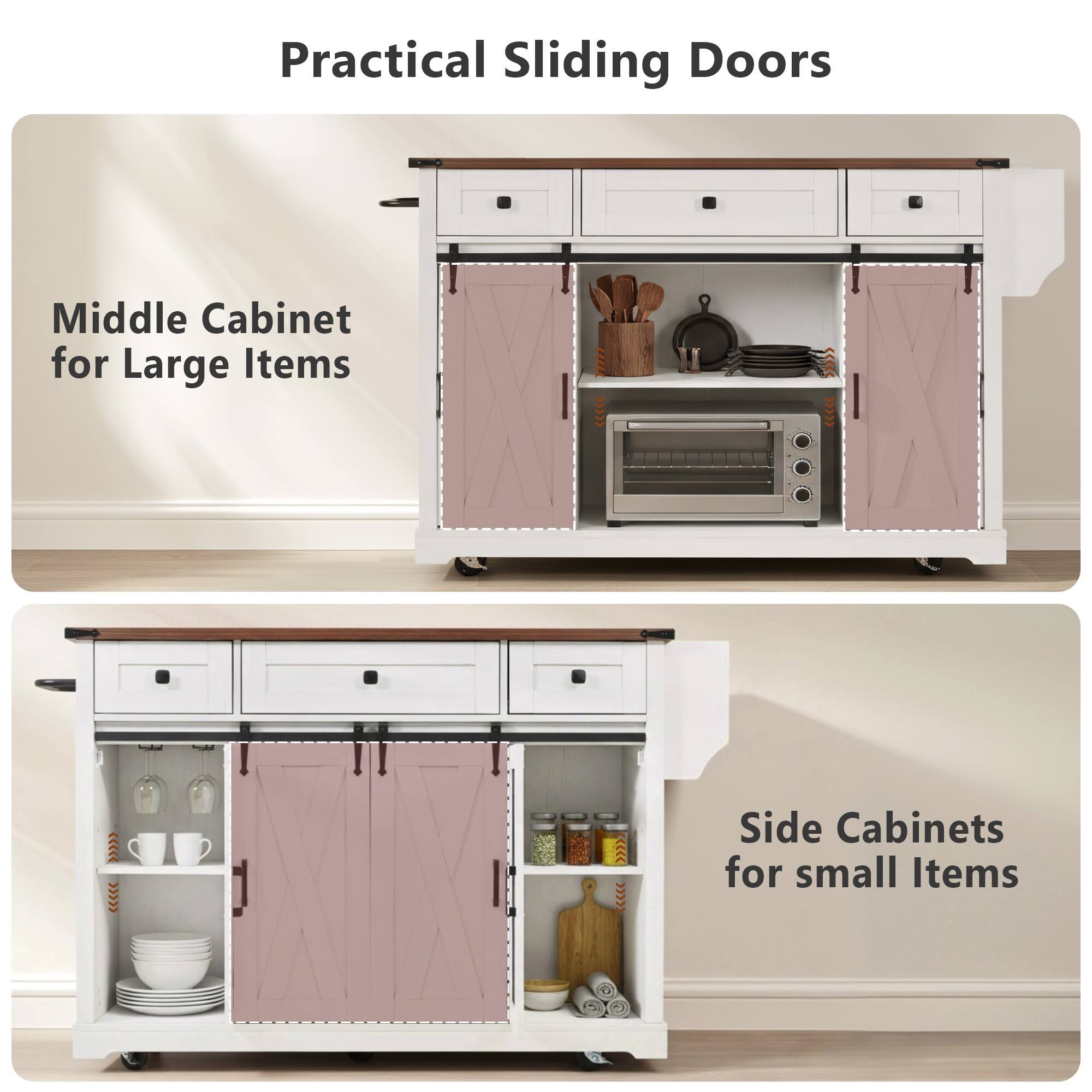 Practical Sliding Doors

Middle Cabinet for Large Items

Side Cabinets for Small Items
