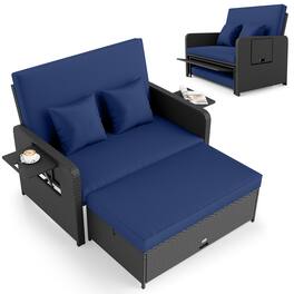 Gymax - Set of 2 PE Wicker Outdoor Daybed w/4-Level Adjustable Backrest Storage Ottoman Navy - Black