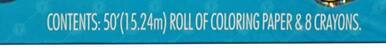 CONTENTS: 50' (15.24m) ROLL OF COLORING PAPER & 8 CRAYONS.