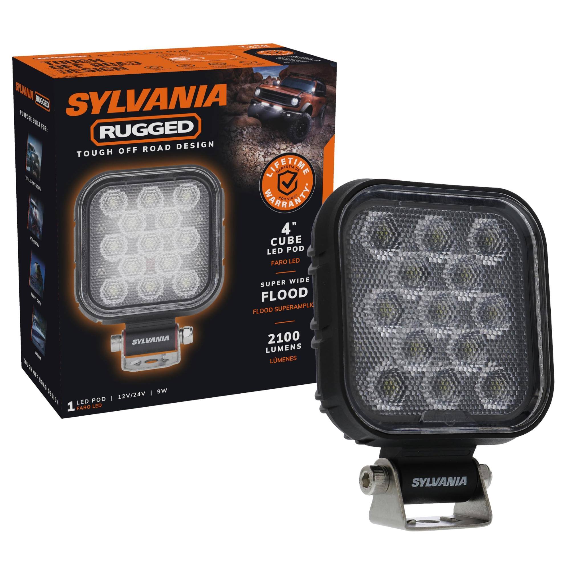 SYLVANIA RUGGED  
TOUGH OFF ROAD DESIGN  

LIFETIME WARRANTY  

4" CUBE LED POD  
SUPER WIDE FLOOD  
SUPERAMPLIFIED  
2100 LUMENS  

LED POD | 12V/24V | 9W  

SYLVANIA