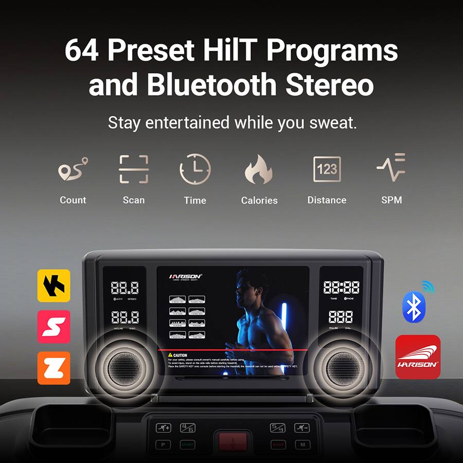 64 Preset HIIT Programs and Bluetooth Stereo

Stay entertained while you sweat.

Count Scan Time Calories Distance SPM

88.8 88.8

CAUTION

HARISON