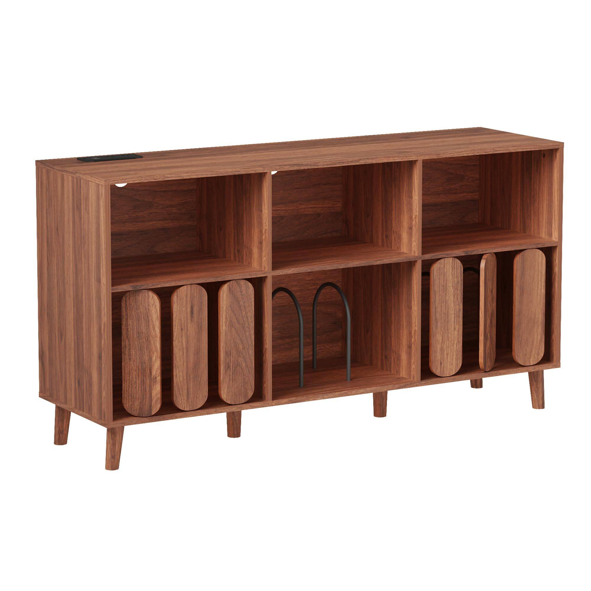 Left. Babevy - 55 in Large Record Player Stand with Charging Station - Vinyl Record Storage Cabinet with 2 USB Ports, Open Shelves - Brown.