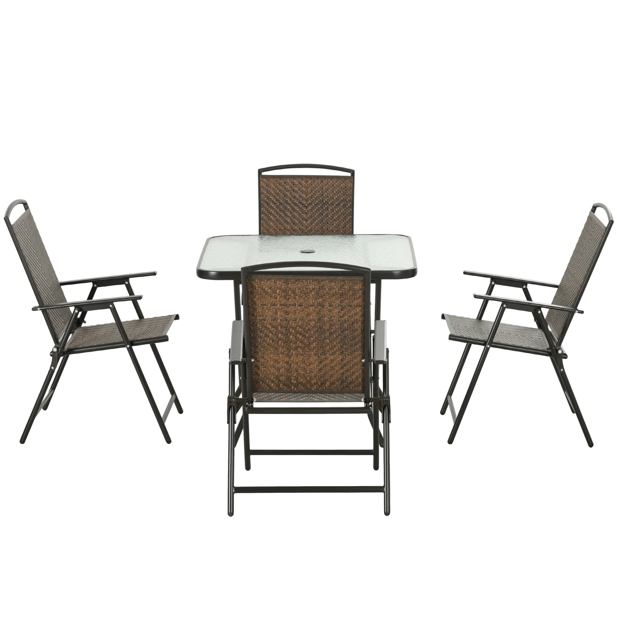 Outsunny - Pieces Patio Table and Chairs, Foldable Wicker Outdoor Dining Table Set with Umbrella Hole - Brown