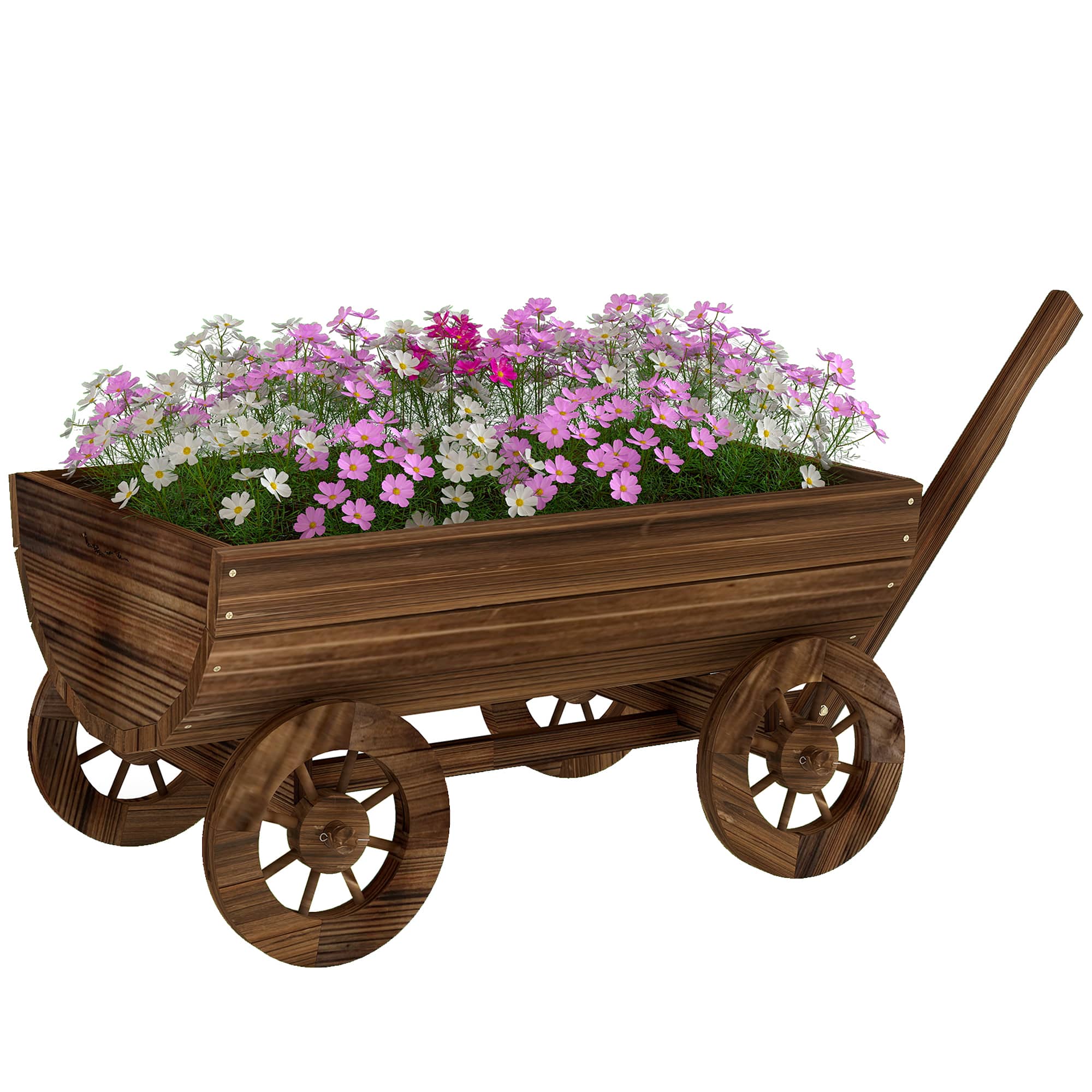 Outsunny - Wooden Wagon Planter Box, Mobile Garden Planter with 4 Wheels and Handle