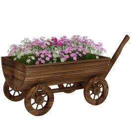 Outsunny - Wooden Wagon Planter Box, Mobile Garden Planter with 4 Wheels and Handle