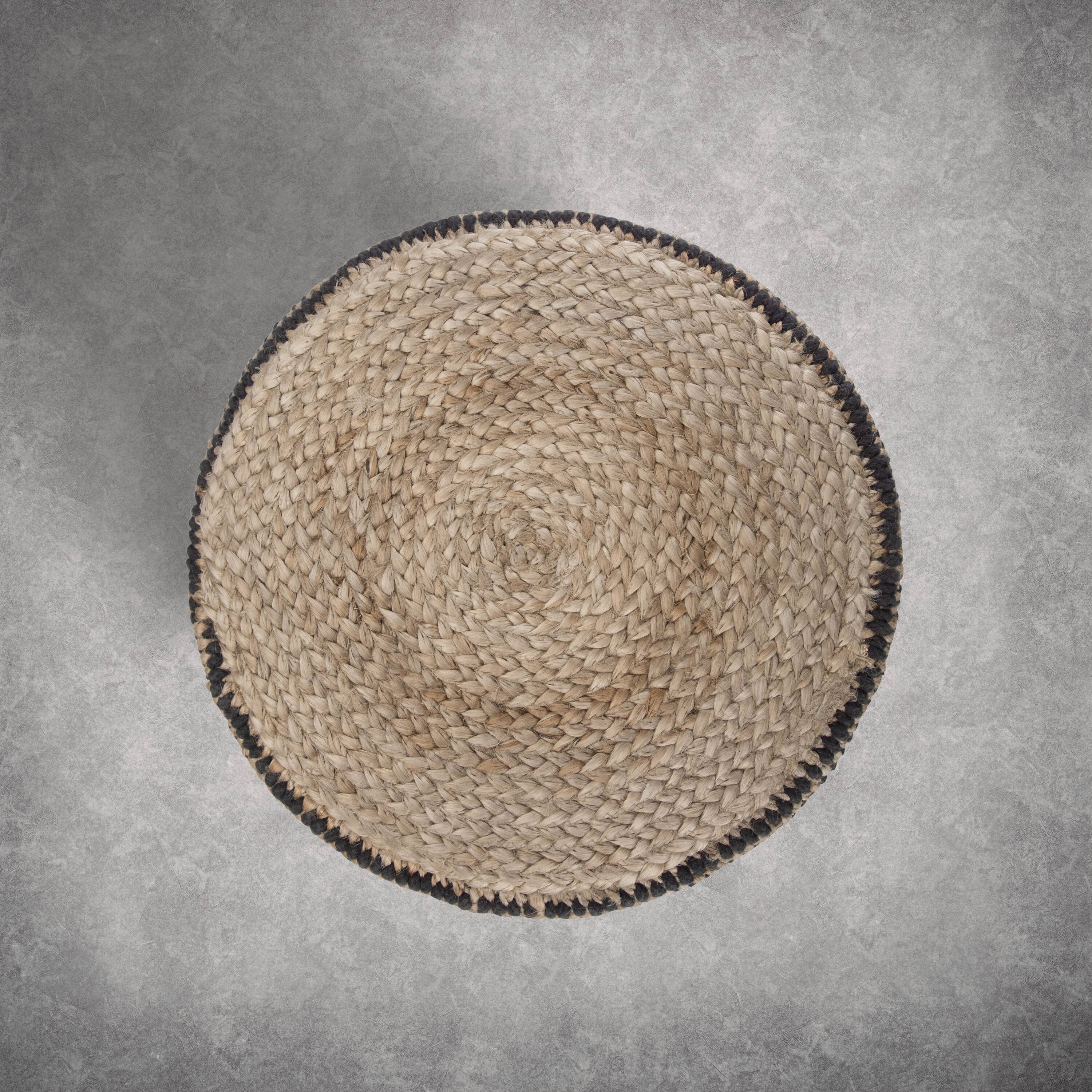 Left. Simpli Home - Larissa 18 inch Wide Round Pouf Ottoman, Sandy Natural and Ebony Jute - Sandy Natural/Ebony.