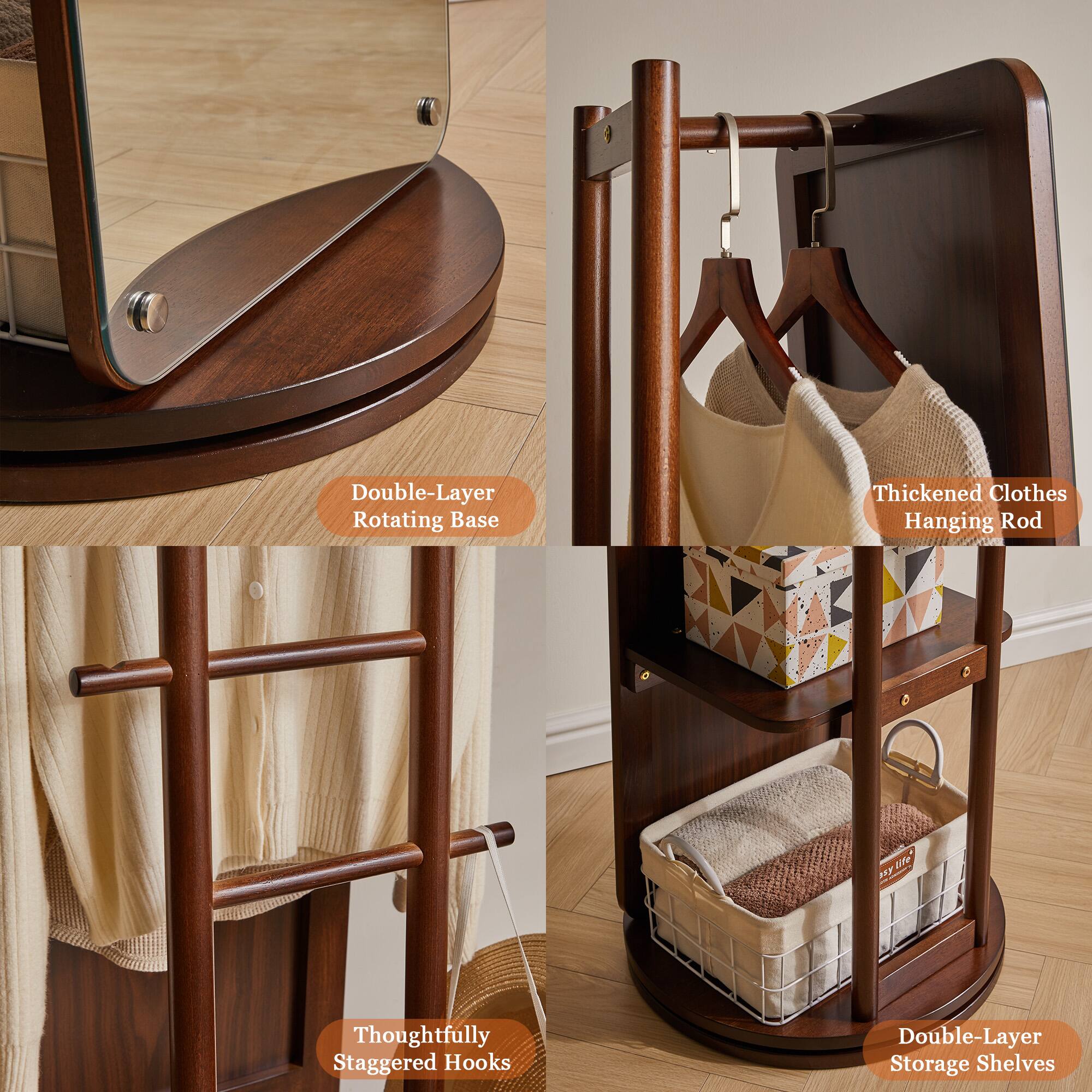 Double-Layer Rotating Base  
Thickened Clothes Hanging Rod  
Thoughtfully Staggered Hooks  
Double-Layer Storage Shelves