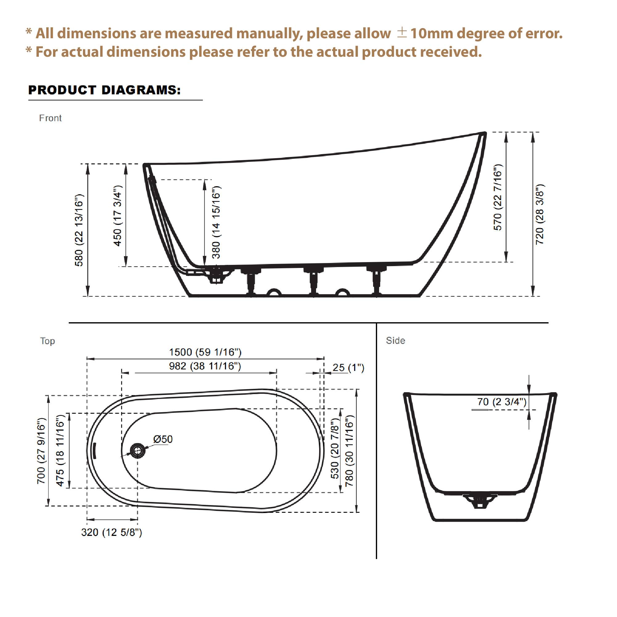 * All dimensions are measured manually, please allow ±10mm degree of error.  
* For actual dimensions please refer to the actual product received.  

PRODUCT DIAGRAMS:  

Front  
580 (22 13/16")  
450 (17 3/4")  
380 (14 15/16")  
14 380 7/16"  
22 570 3/8"  
28 720  

Top  
1500 (59 1/16")  
982 (38 11/16")  
25 (1")  

Side  
9/16"  
27 700 11/16"  
18 475 50 7/8"  
20 530 11/16"  
30 780 70 (2 3/4")  
320 (12 5/8")