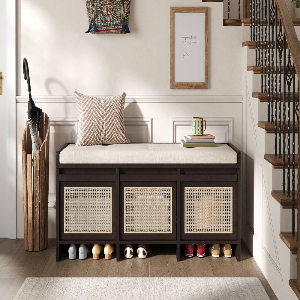 Angle. Ropilly - Ropilly Retro Entryway Shoe Bench with Rattan Drawers Tufted Cushion Hidden Storage Espresso Hallway Foyer Seating - Espresso.