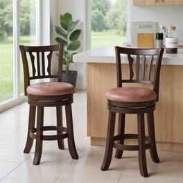 Pefilos - 24 Inch Counter Height 360° Swivel Bar Stools Set of 2, Padded Back Solid Rubber Wood Frame - Brown