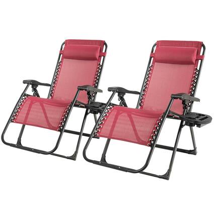 Front. Gymax - Gymax 2PCS Folding Zero Gravity Lounge Chair Recliner w/ Cup Holder Pillow Red - Wine Red.