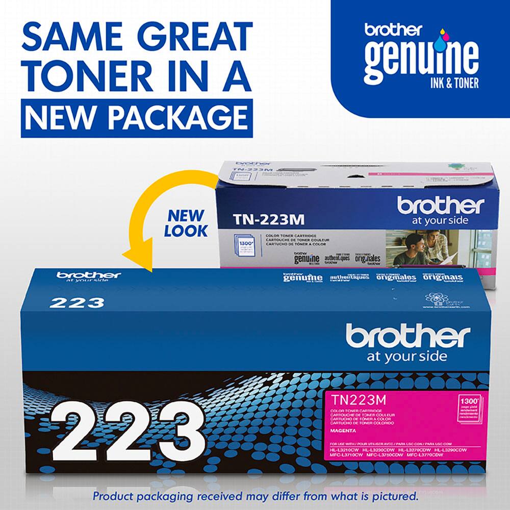 SAME GREAT TONER IN A NEW PACKAGE brother genuine INK & TONER MECHT NEW TN-223M LOOK COLOR TOMES CART CARTOUCR 1- R CON 1500 LARTUORO - nNW A COLOR brother at your side  genu.ne autheot.ques ongnales no TORTIW brother nt S sdtan genume authent onigmales originais 223 brother at your side TN223M 1300 cns.cm TEAEn AREVA AK T 1 AS CARTULIS d. tonn Ca.c ATAI i. tcmen CONX 223 MACENTA Fcm  PAm mLAE BTEPS UN CON PRRS UN CN -13210CW HL-L3230COW 3270CW HL-L3290COW MFC-L3710CW MFC-L37S0COWV MFC-L3770COW