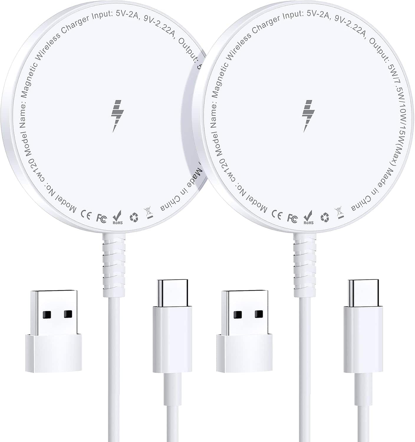 Core Tech - Magnetic Wireless Charging Pads with USB-C Cables and USB-A Adapters, 2-Pack - White