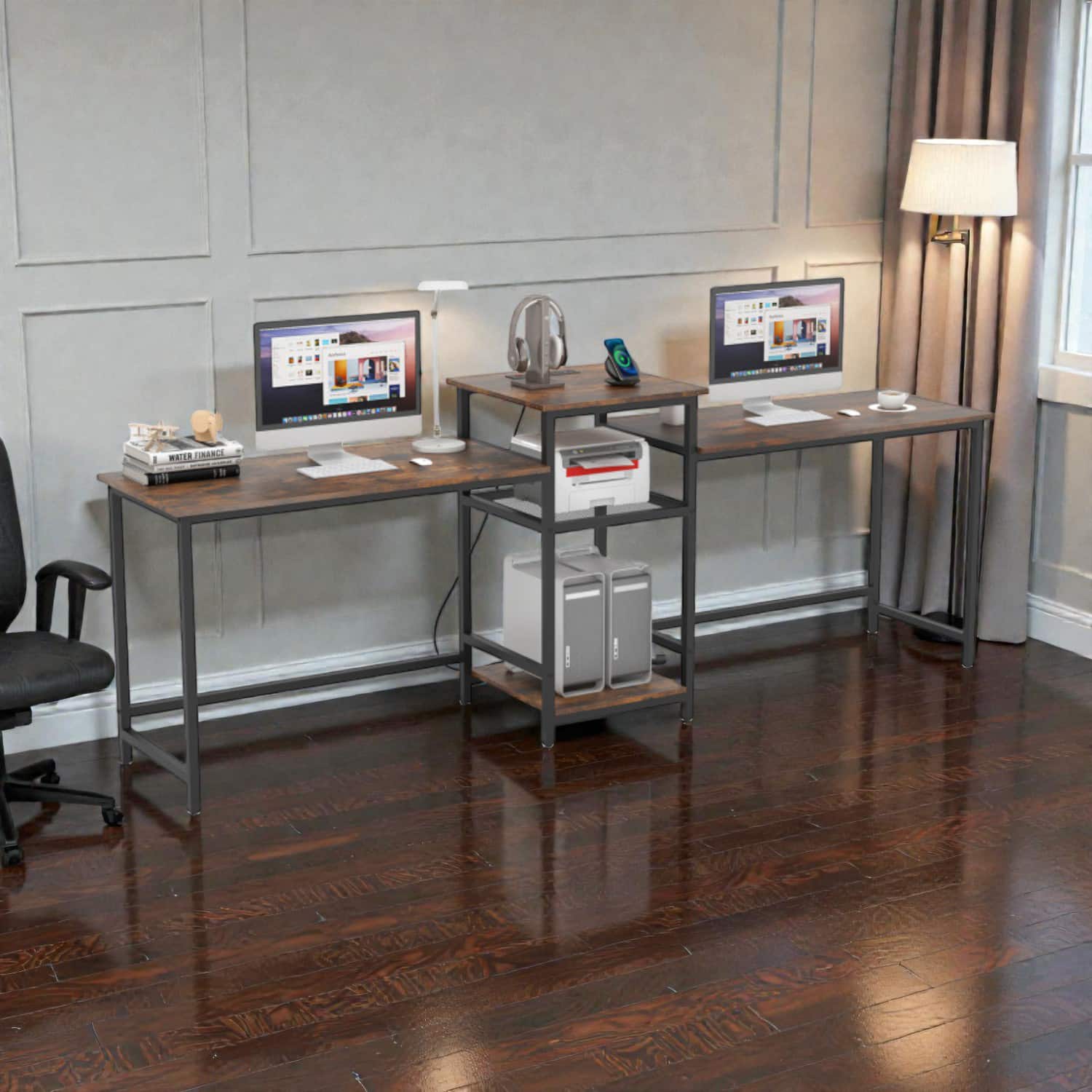 Hivvago - Collaborative Desk for Two with Built-in Power and Printer Rack - Rustic Brown