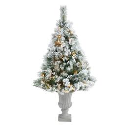 BreeBe - 56" Flocked Oregon Pine Xmas Tree w/100 Lights in Urn - Multicolor