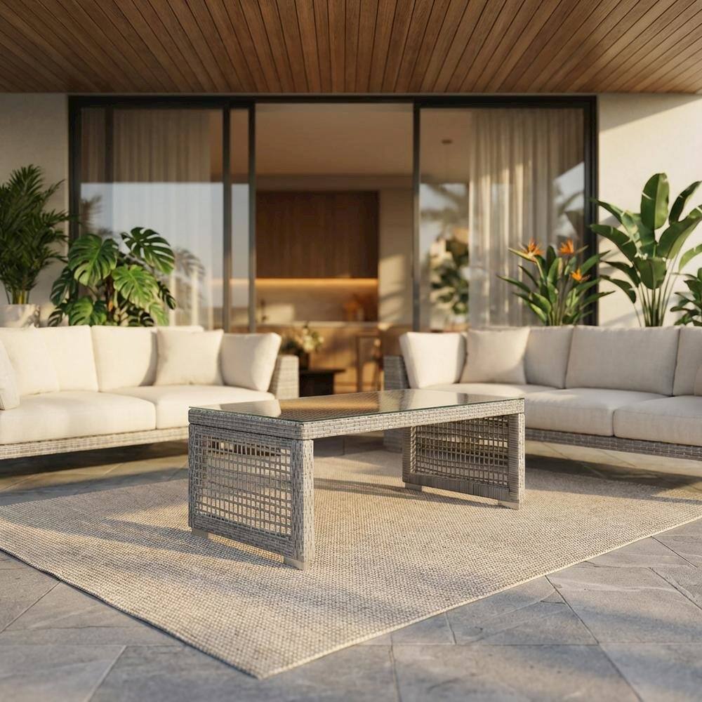 Angle. Outdoor Escape - Outdoor Rattan Coffee Table With Stylish Design And Durable Construction - Gray.