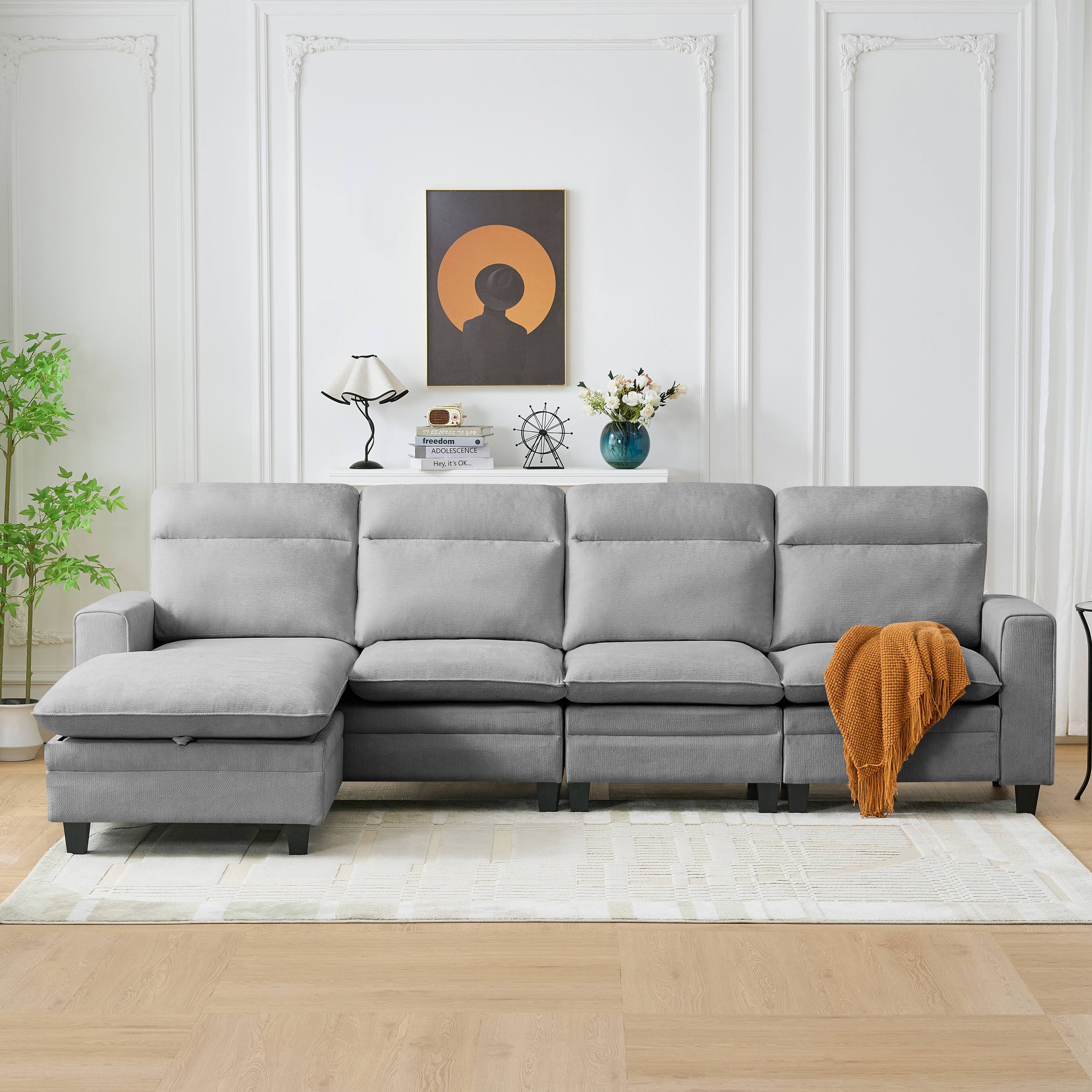 Front. Electra Tech Xpress - 118“Chenille Modular Sofa - LIGHTGRAY.