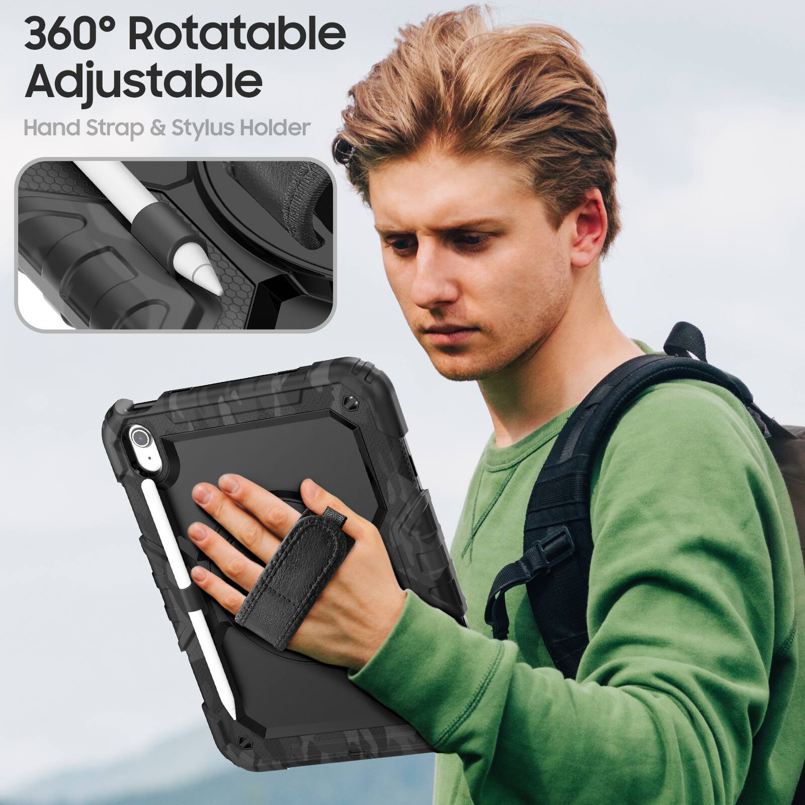 360° Rotatable Adjustable  
Hand Strap & Stylus Holder