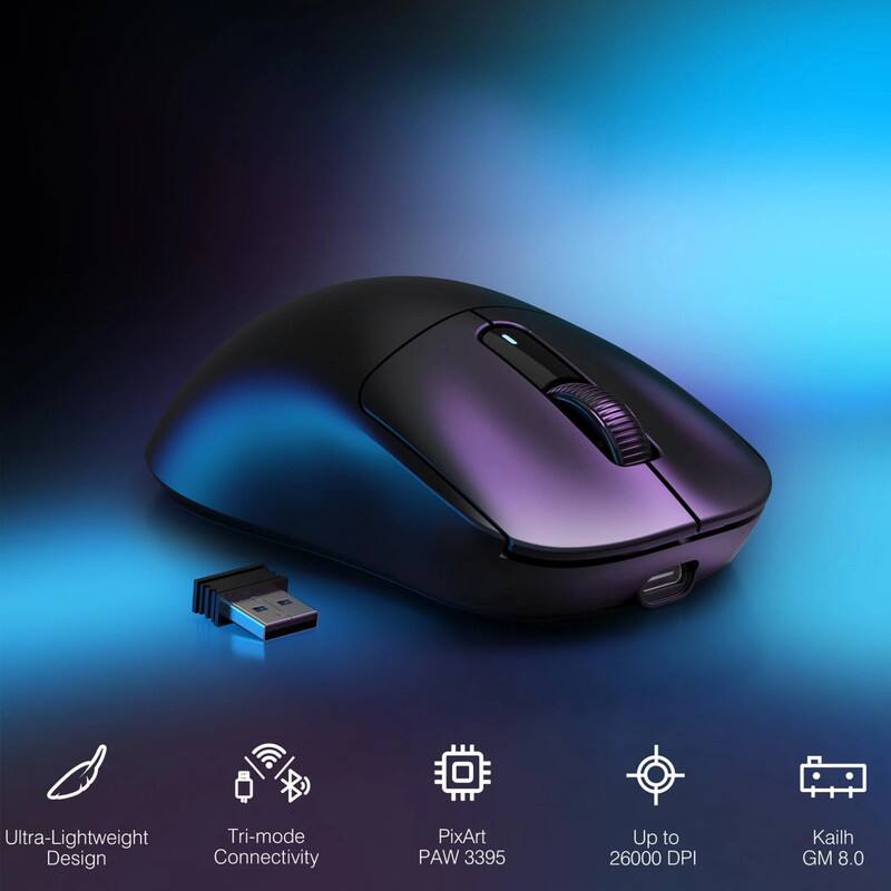 Ultra-Lightweight Design  
Tri-mode Connectivity  
PixArt PAW 3395  
Up to 26000 DPI  
Kailh GM 8.0