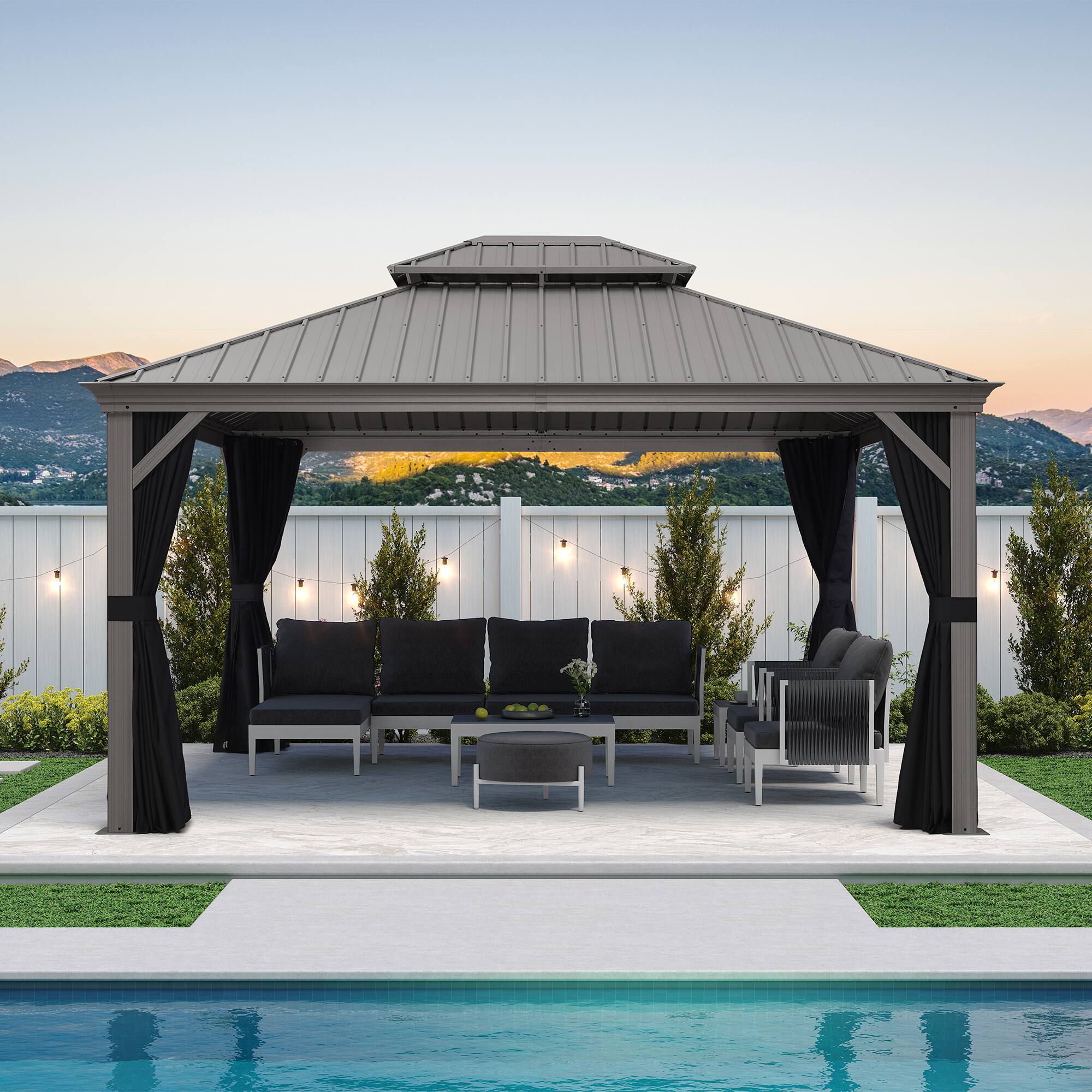 Alt View 1. PURPLE LEAF - 12' X 14' Light Gray Aluminum Power-Coated Frame Galvanized Steel Double Roof Hardtop Gazebo,Hooks Netting Curtain - 12' X 14'.