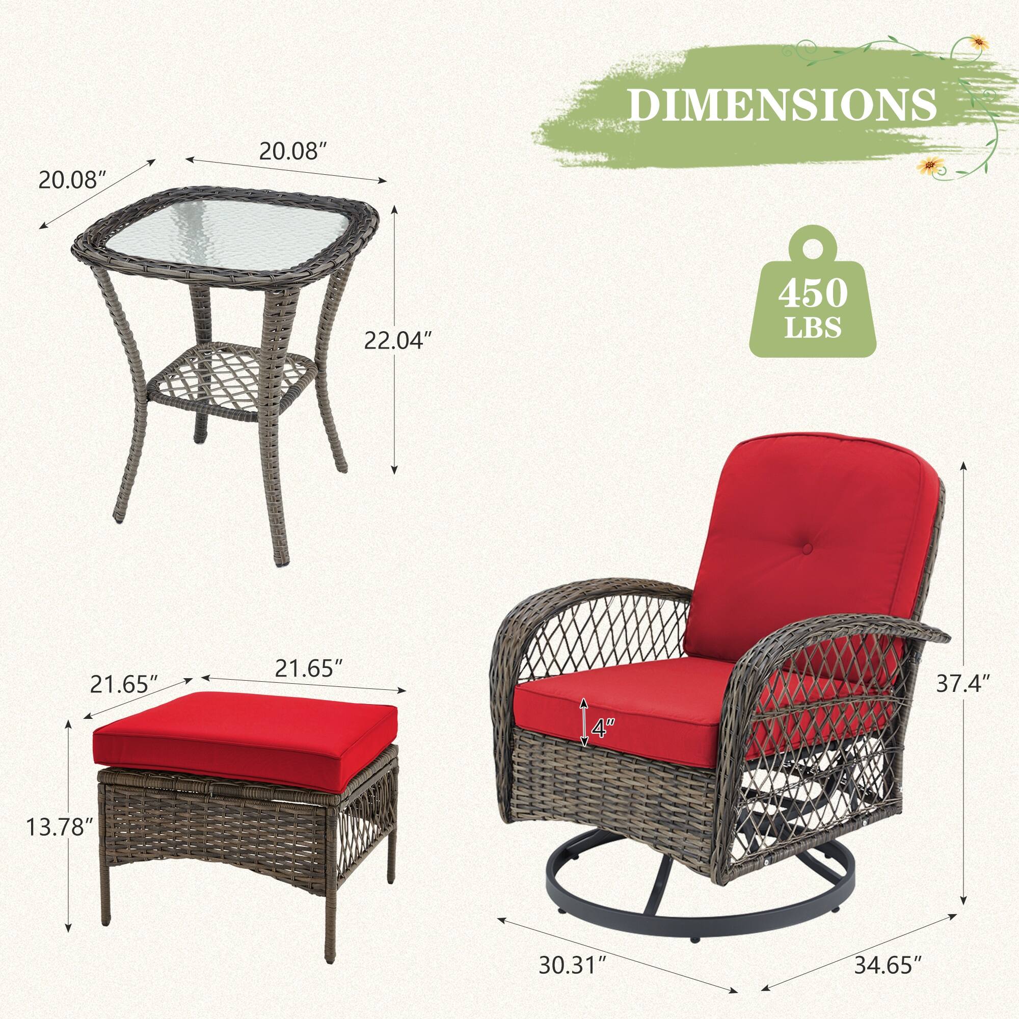 - Table:
  - Diameter: 20.08"
  - Height: 22.04"

- Cushion:
  - Length: 21.65"
  - Width: 21.65"
  - Height: 13.78"

- Chair:
  - Height: 37.4"
  - Width: 30.31"
  - Depth: 34.65"
  - Seat Height: 4"

- Weight Capacity: 450 LBS