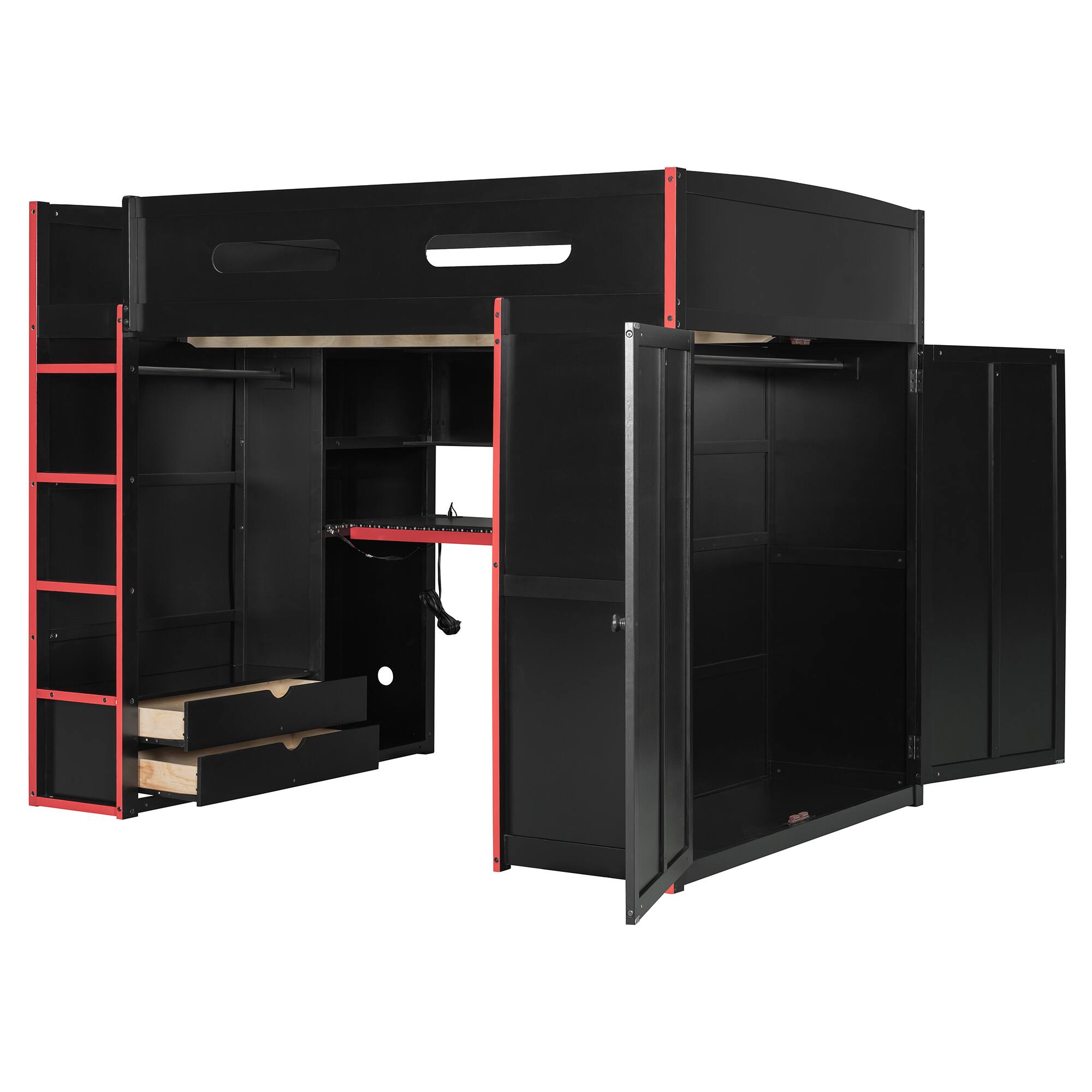 Alt View 2. Anysun - Full Size Wood Loft Bed with Desk,Wardrobe,Ample Storage Space,and RGB Light - Red.